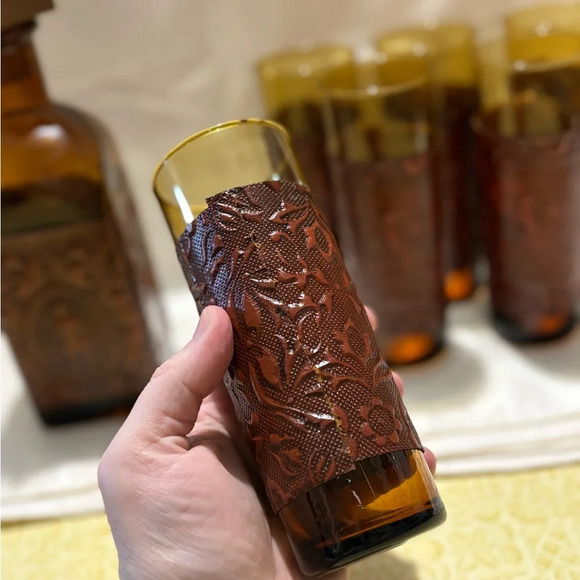 Vintage Amber Glass Decanter Set with Leather Wrap - Picture 9 of 14